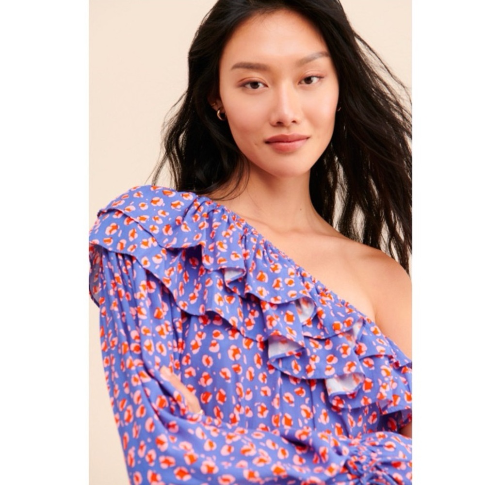 Rue Stiic Anthropologie One-Shoulder Leopard Blouse Purple Medium - Picture 1 of 16